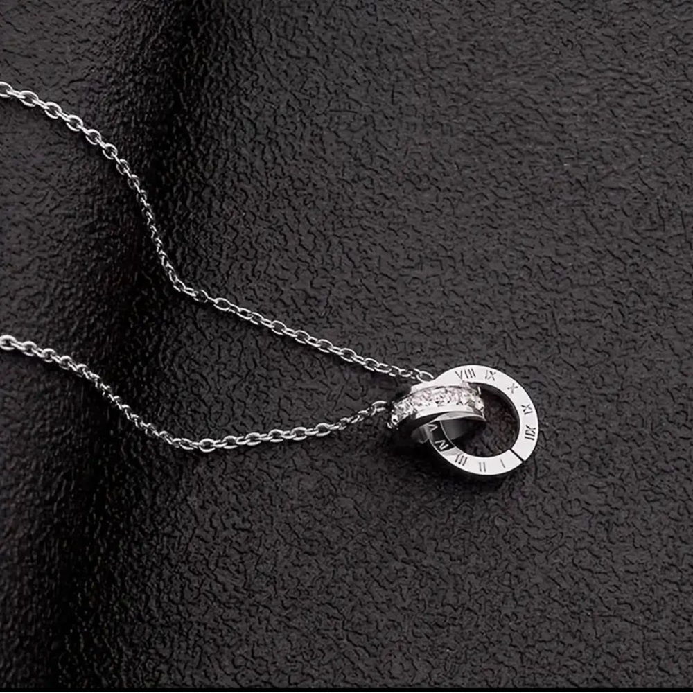 Titanium Steel Natural Color Double-ring Roman Numeral Pendant Necklace
